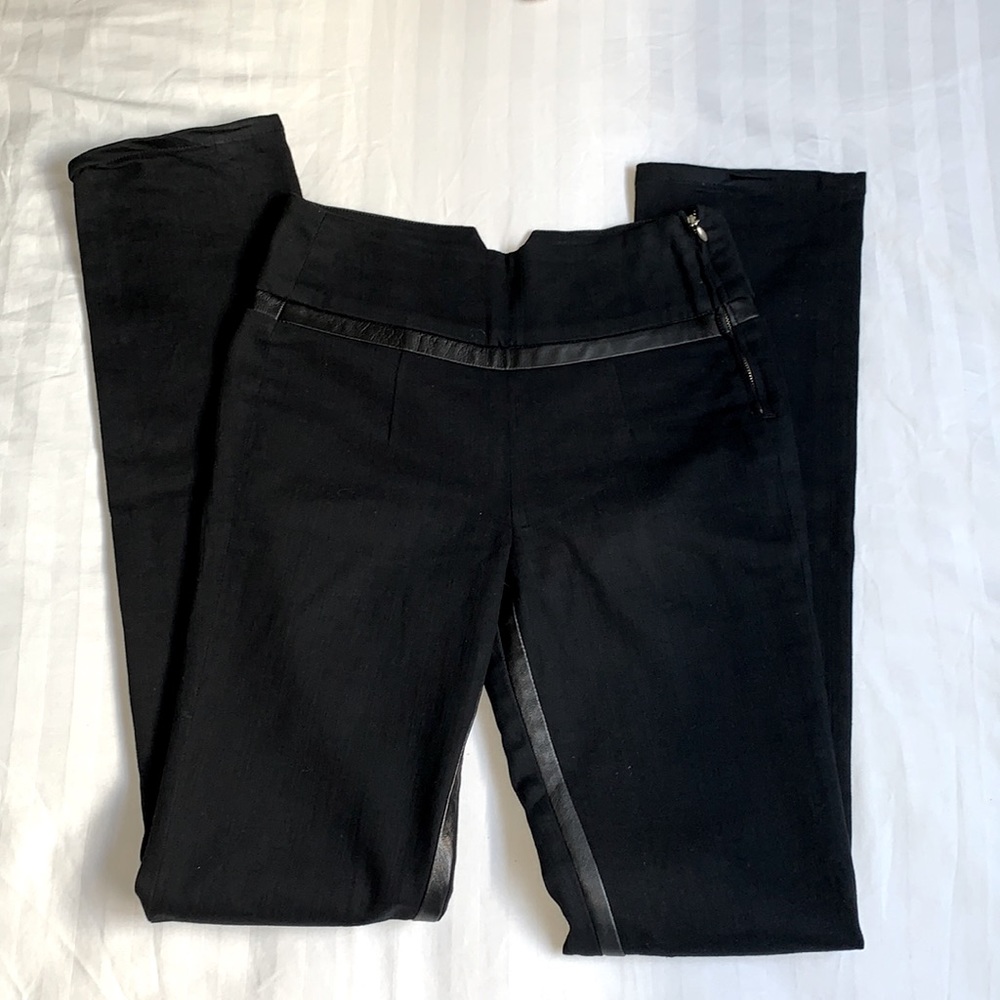 Paige Premium Denim Hi Waist Leather Trim Cotton Extra Long  Denim Jeans